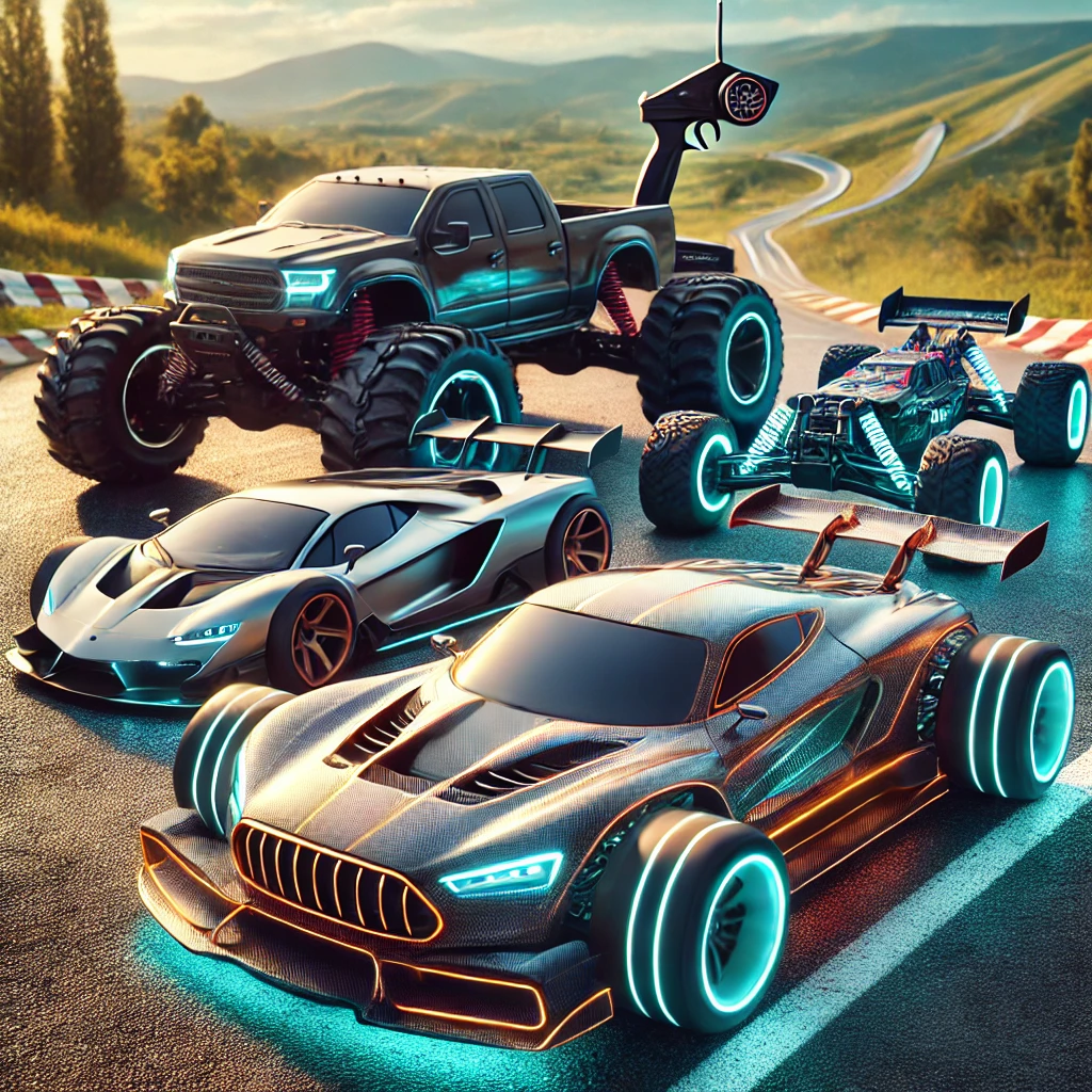 Top RC Car Gifts of 2024 showcasing various remote-controlled vehicles including a sleek racing car, an off-road monster truck